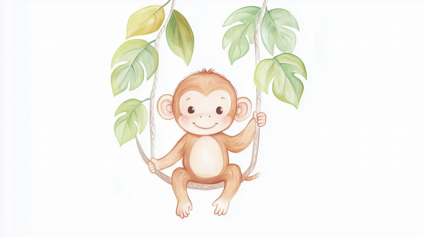 Kids-Mundo flat artwork of a happy baby monkey swinging on jungle vines mural