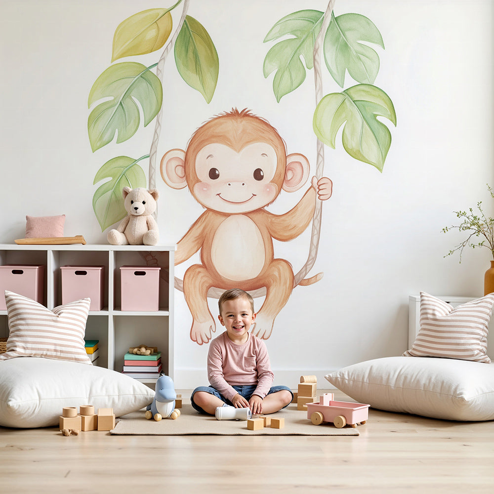 Kids-Mundo happy watercolour monkey wall mural made to measure for a baby nursery