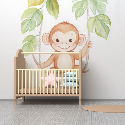 Kids-Mundo smiling monkey swing wall mural brightening a family playroom