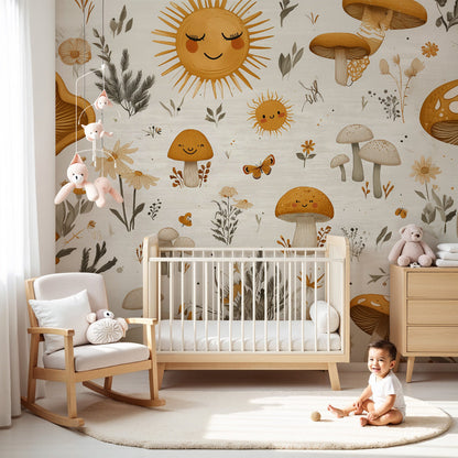 Kids-Mundo mushroom meadow pattern wall mural in a warm cream nursery with a wooden cot