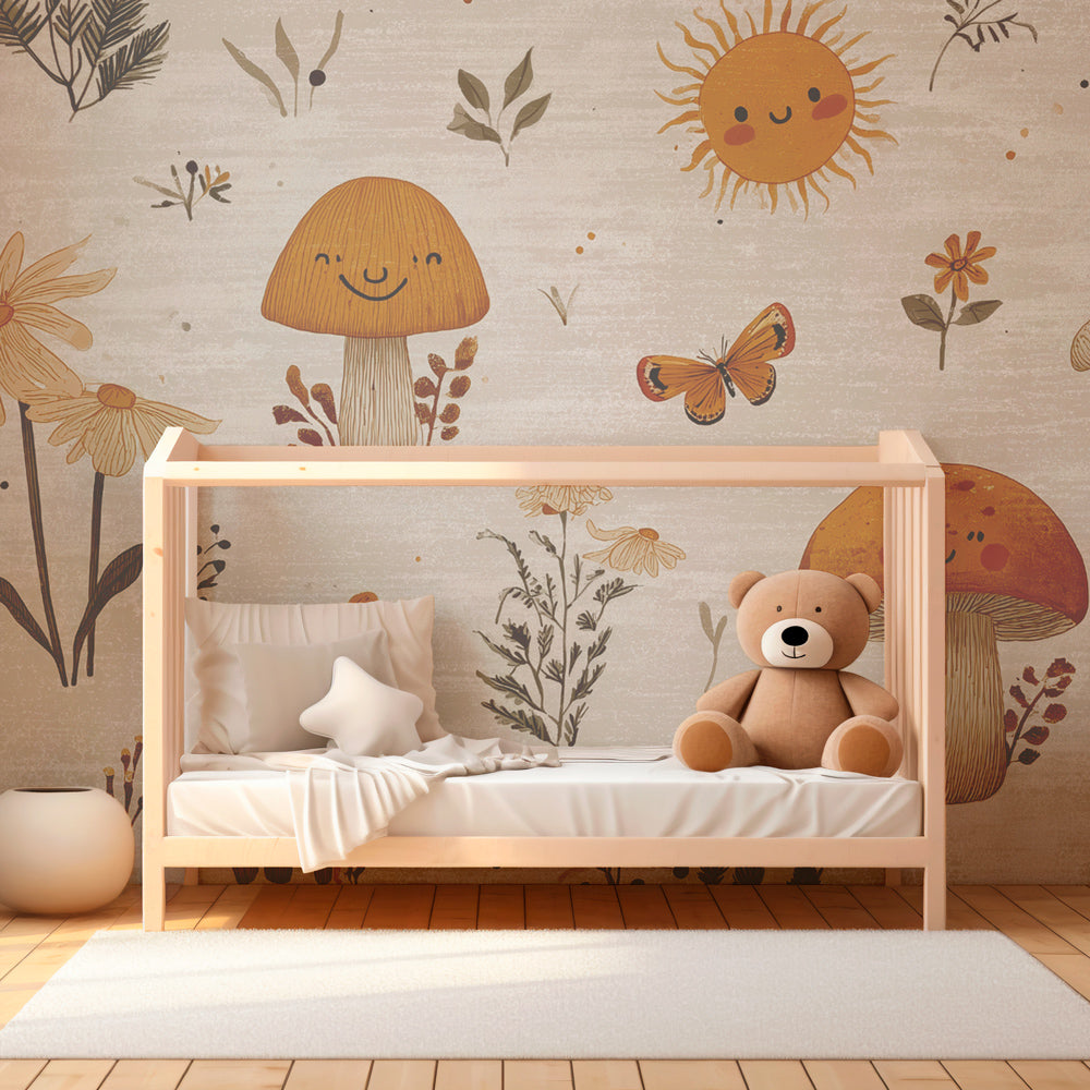 Whimsical mushroom wallpaper creating magical forest atmosphere in children's bedroom