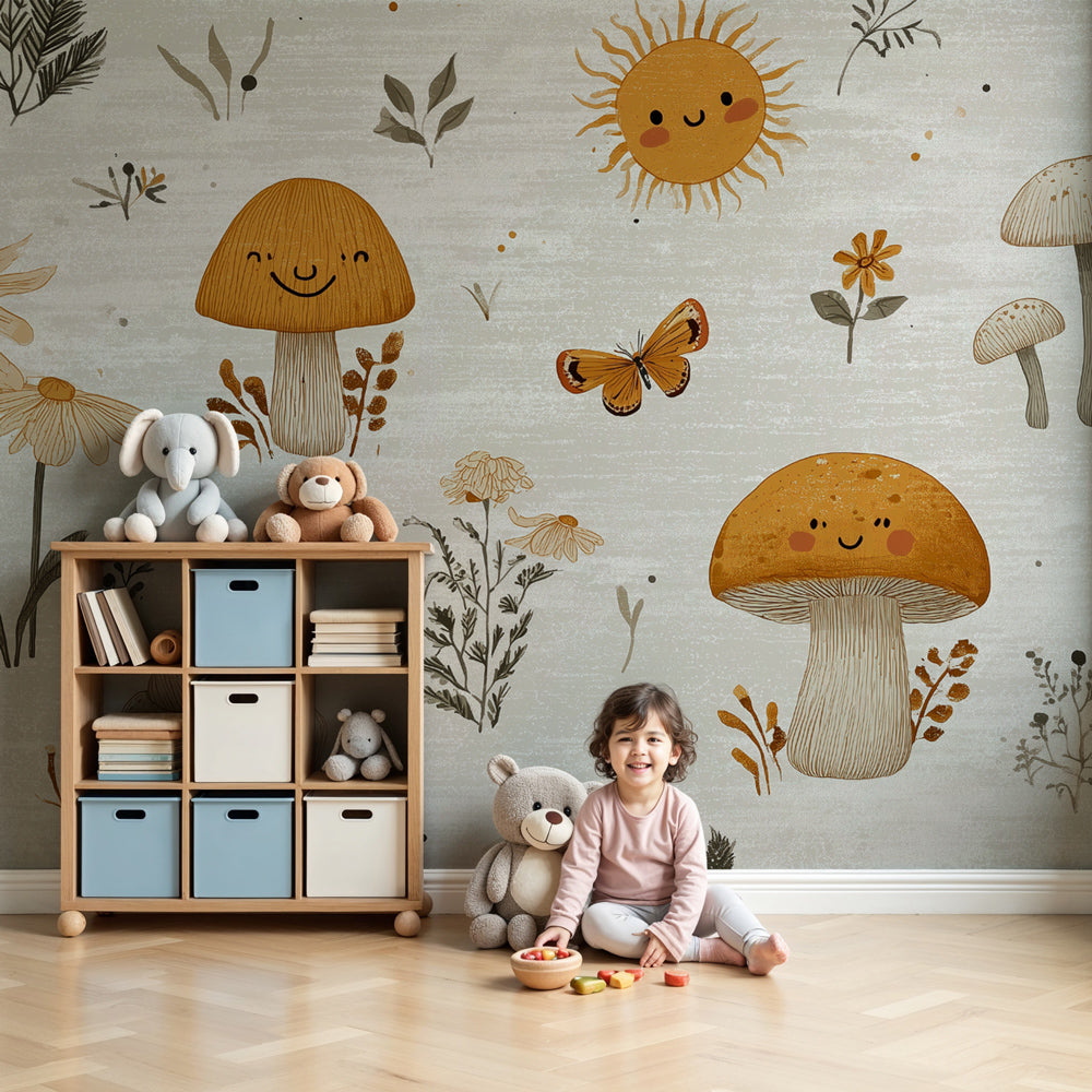 Happy mushrooms mural wallpaper in cozy nursery with woodland forest theme by Kids-Mundo