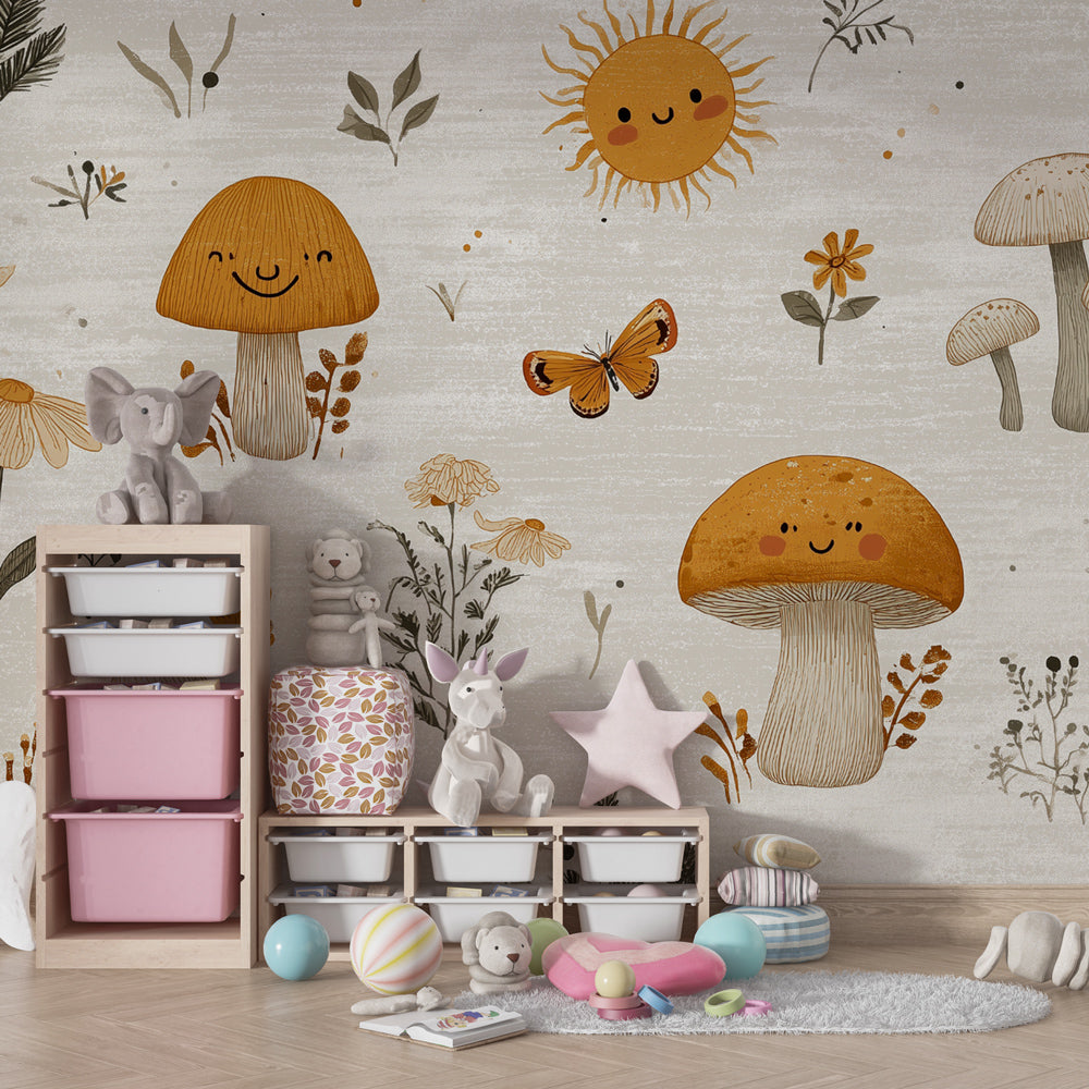 Forest mushrooms mural wallpaper inspiring imaginative play in kids playroom decor