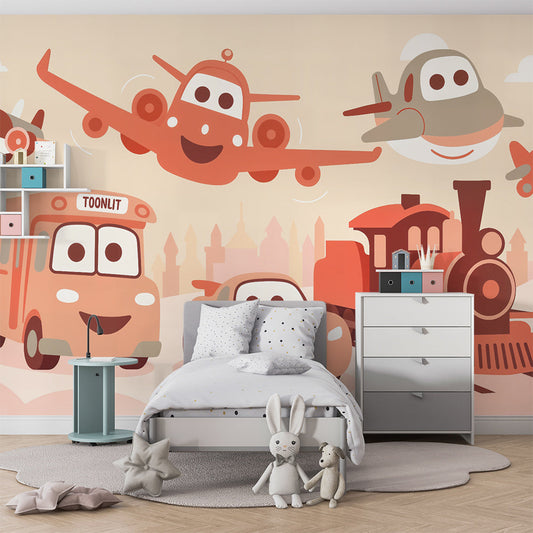 Kids-Mundo vehicle wall mural made to measure covering a feature wall in a toddler's bedroom
