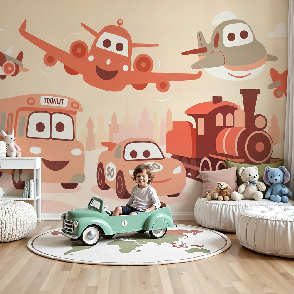Kids-Mundo happy vehicles wall mural with planes and trains above a cot in a nursery