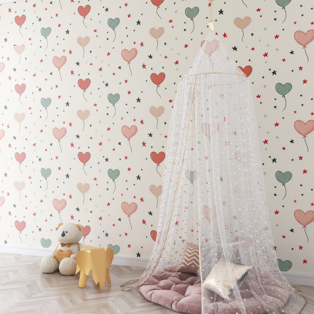 Colorful heart balloon wallpaper creating magical atmosphere in children's bedroom
