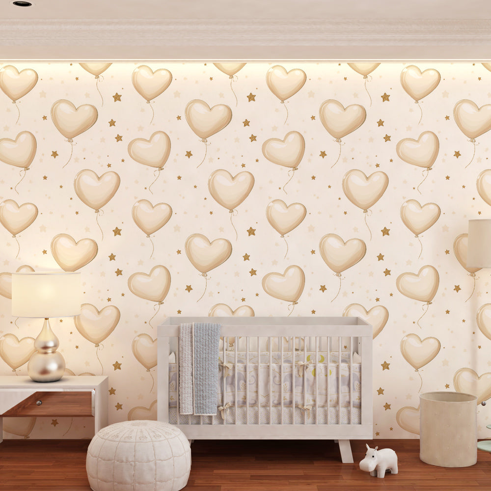 Soft beige heart balloon wallpaper with golden stars for kids room by Kids-Mundo