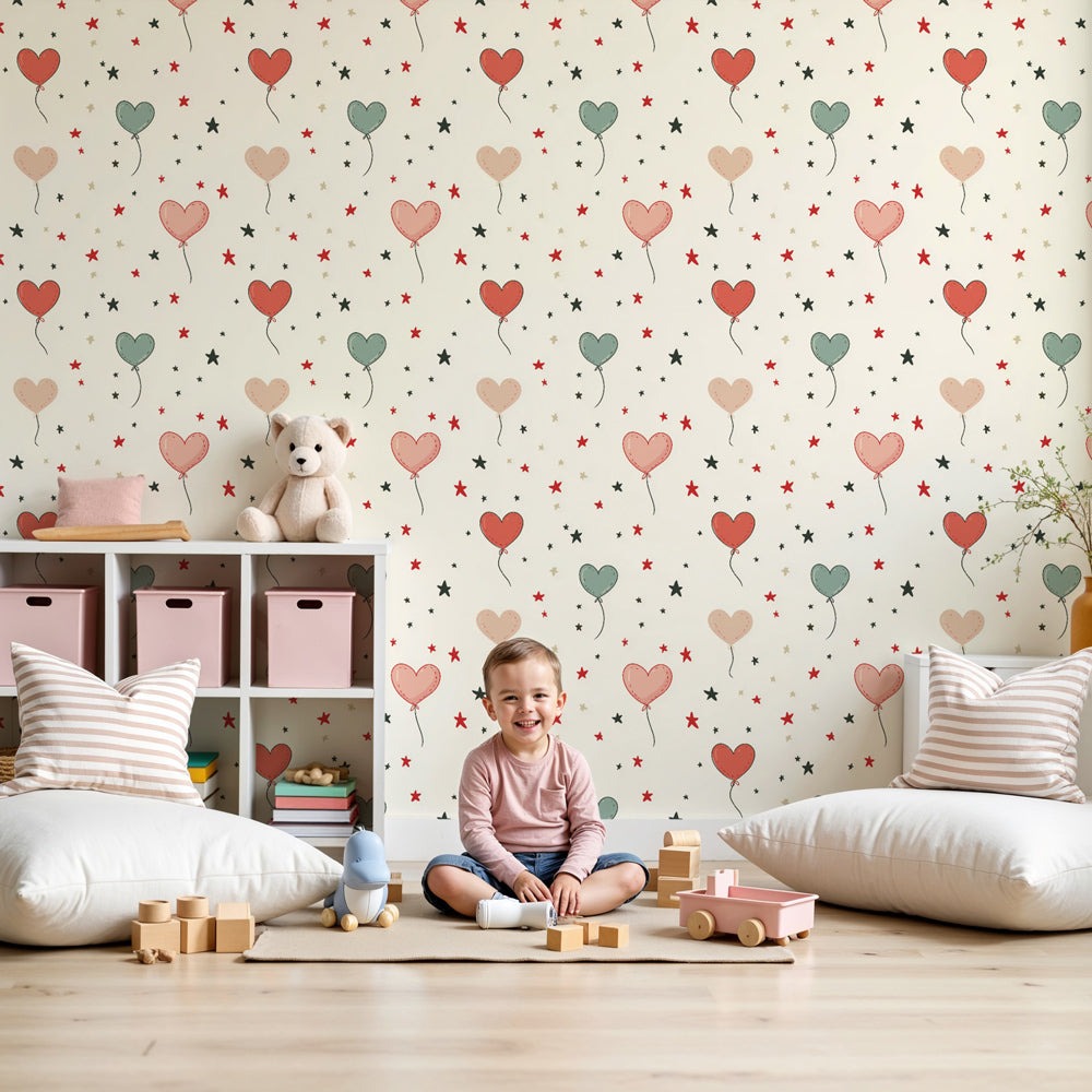 Heart balloon mural wallpaper with colorful stars decorating modern nursery by Kids-Mundo