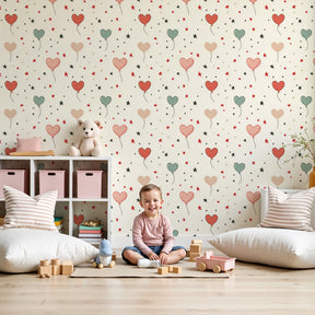 Heart balloon mural wallpaper with colorful stars decorating modern nursery by Kids-Mundo