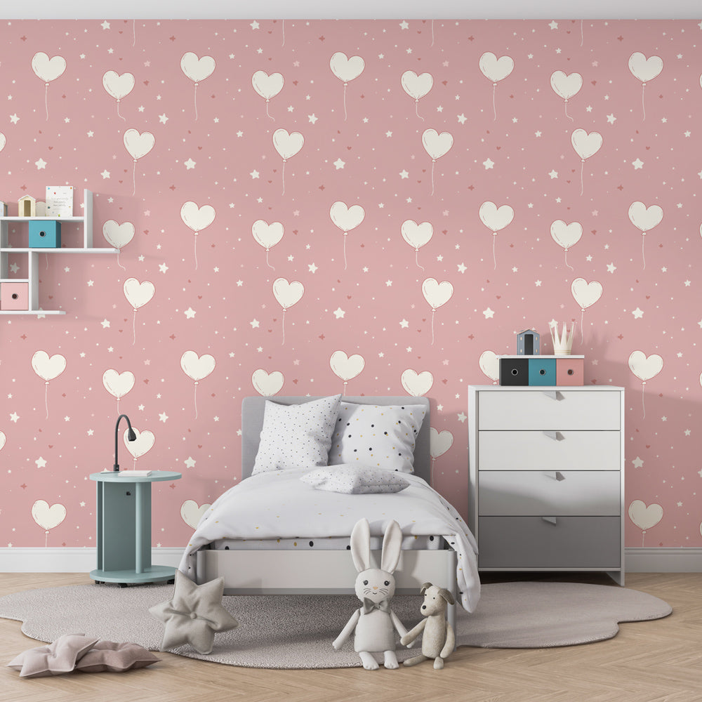 Pink balloon wallpaper creating dreamy atmosphere in children's bedroom