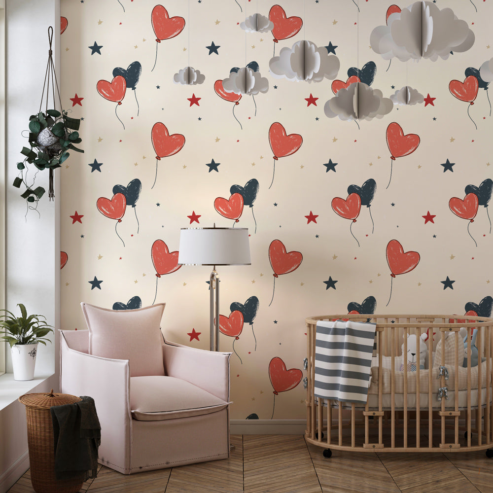Whimsical heart balloon and star wallpaper transforming colorful kids playroom