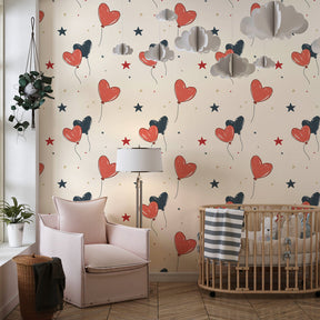 Whimsical heart balloon and star wallpaper transforming colorful kids playroom