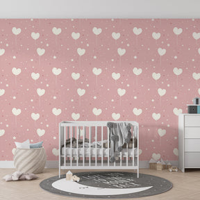 Whimsical heart balloons wallpaper decorating modern kids playroom space