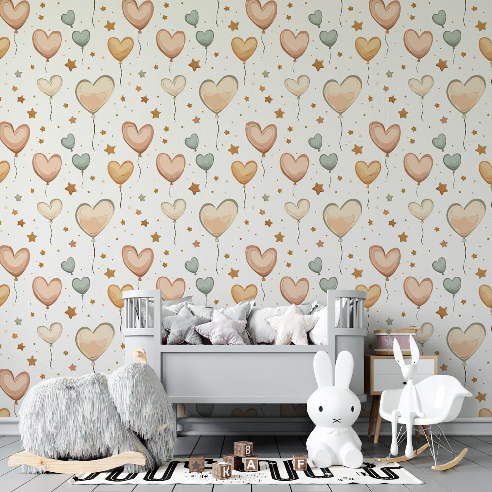 Heart balloon mural wallpaper creating magical playroom atmosphere with golden star accents