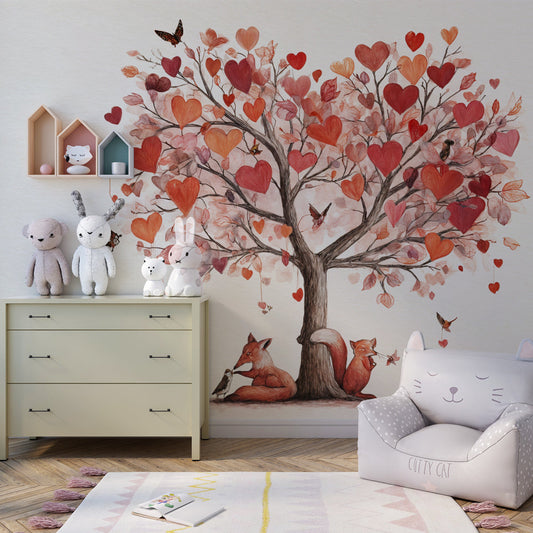Kids-Mundo whimsical heart tree wall mural in a cosy children's bedroom