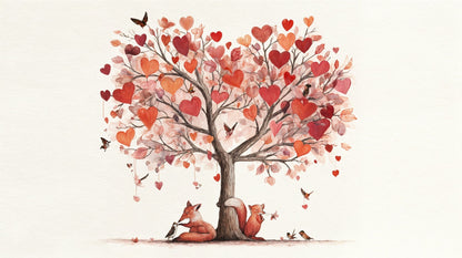 Kids-Mundo flat artwork of a heart-shaped tree with a fox and squirrel below