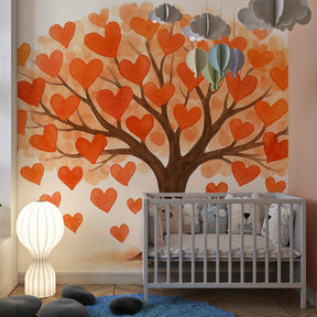 Romantic heart tree wallpaper creating warm atmosphere in children's bedroom