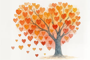 Detailed watercolor heart tree mural wallpaper design pattern with orange hearts by Kids-Mundo