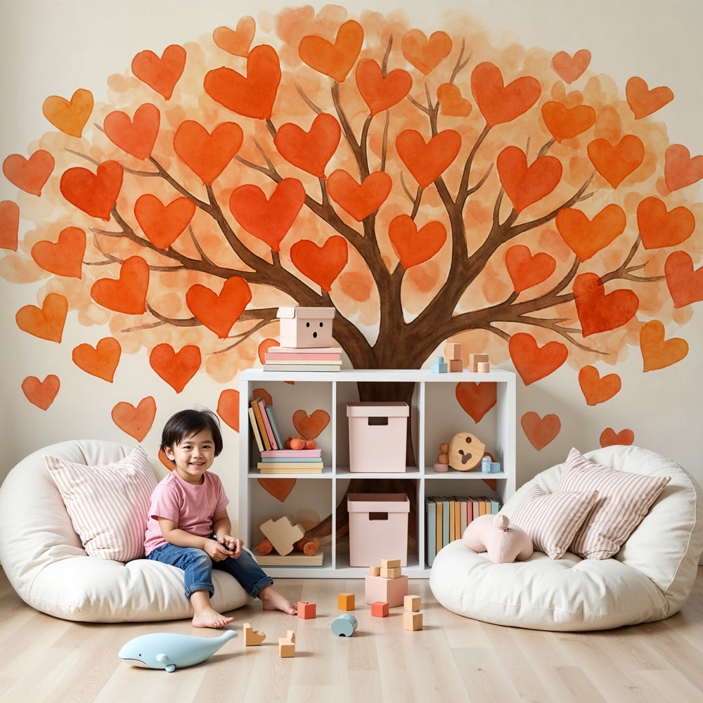 Heart tree mural wallpaper with orange hearts decorating modern nursery by Kids-Mundo