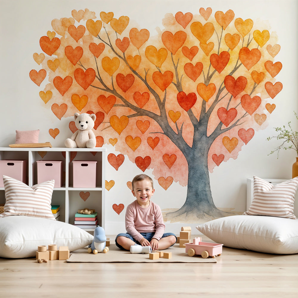 Heart tree mural wallpaper with orange watercolor hearts decorating cozy nursery by Kids-Mundo