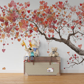 Heart-shaped leaves wallpaper transforming playroom into whimsical forest scene
