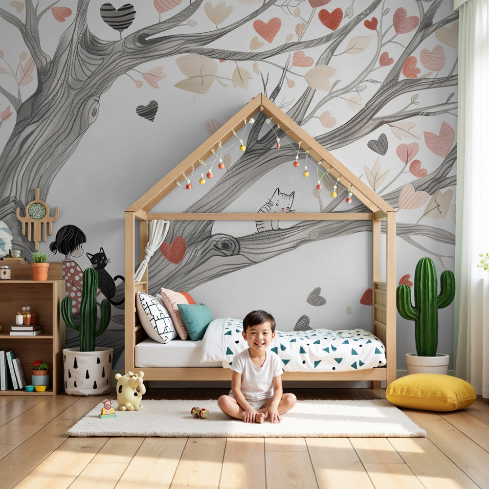 Kids-Mundo heart tree wall mural with playful cats printed on a nursery wall behind a cot