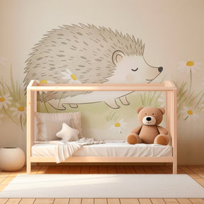 Happy hedgehog wallpaper in peaceful baby bedroom with wooden crib and natural decor