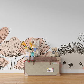 Delicate hedgehog and floral mural wallpaper creating peaceful children's bedroom atmosphere