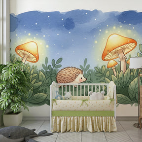 Nighttime forest hedgehog wallpaper transforming children's bedroom into woodland sanctuary