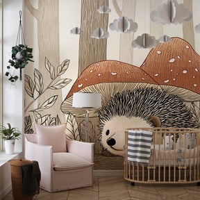 Woodland hedgehog mural wallpaper creating magical kids bedroom with mushroom theme