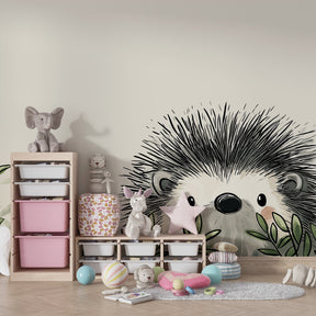 Curious hedgehog wallpaper transforming children's bedroom into nature sanctuary