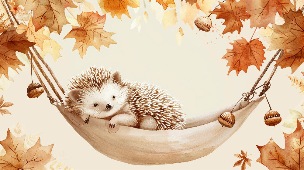 Detailed hedgehog hammock autumn leaves mural wallpaper design pattern by Kids-Mundo