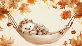 Detailed hedgehog hammock autumn leaves mural wallpaper design pattern by Kids-Mundo