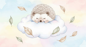 Detailed hedgehog sleeping on cloud mural wallpaper design pattern with floating leaves by Kids-Mundo