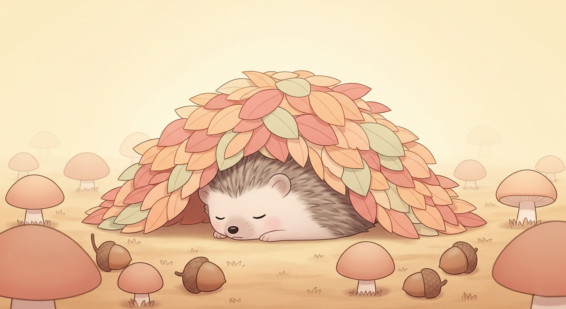 Detailed hedgehog under autumn leaves mural wallpaper design pattern with forest elements by Kids-Mundo