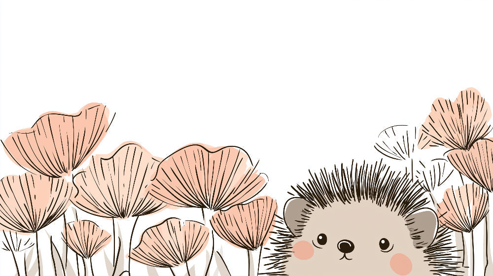 Detailed hedgehog and delicate pink flowers mural wallpaper design pattern by Kids-Mundo