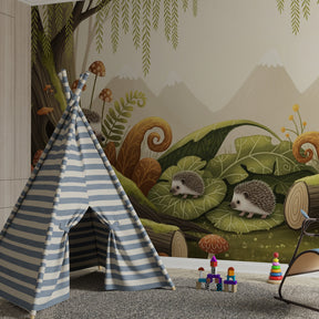 Woodland hedgehog mural wallpaper creating magical children's bedroom atmosphere