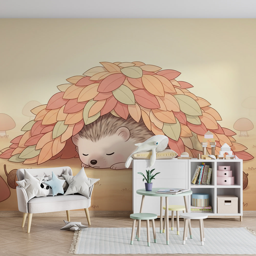 Forest animal wallpaper featuring sleeping hedgehog in modern kids bedroom with wooden furniture