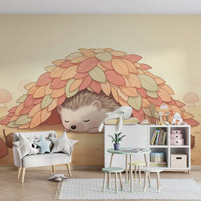 Forest animal wallpaper featuring sleeping hedgehog in modern kids bedroom with wooden furniture