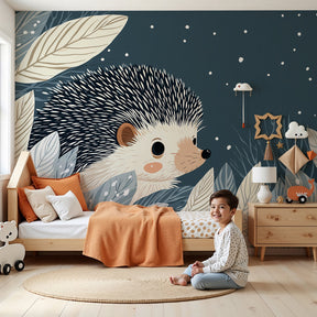 Hedgehog mural wallpaper in modern baby nursery with moonlit night design by Kids-Mundo