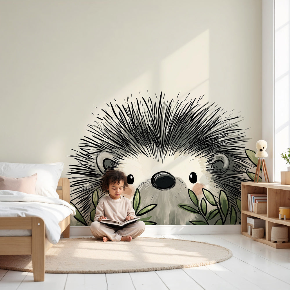 Hedgehog mural wallpaper creating cozy woodland nursery decor by Kids-Mundo