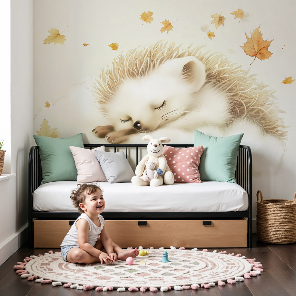 Sleeping hedgehog on cloud mural wallpaper in cozy nursery setting by Kids-Mundo