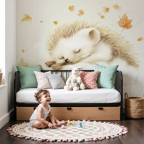 Sleeping hedgehog on cloud mural wallpaper in cozy nursery setting by Kids-Mundo