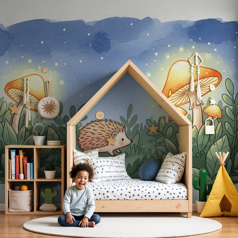 Hedgehog mural wallpaper with glowing mushrooms creating magical nursery decor by Kids-Mundo