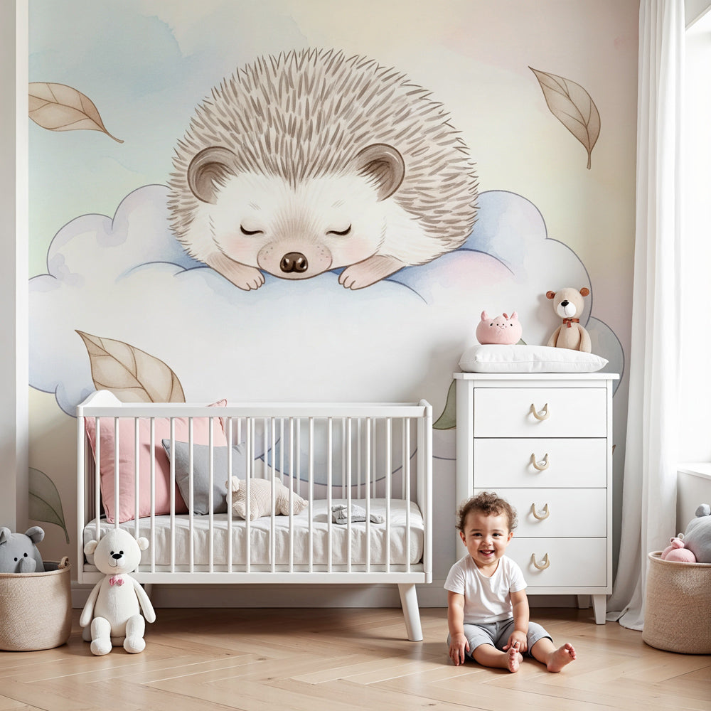 Sleeping hedgehog on cloud mural wallpaper in cozy nursery room setting by Kids-Mundo