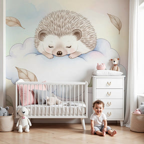 Sleeping hedgehog on cloud mural wallpaper in cozy nursery room setting by Kids-Mundo