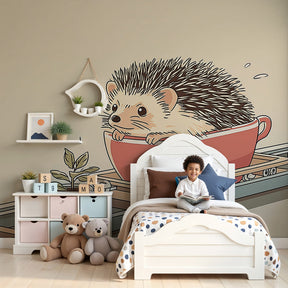 Hedgehog in teacup mural wallpaper creating whimsical nursery decor by Kids-Mundo