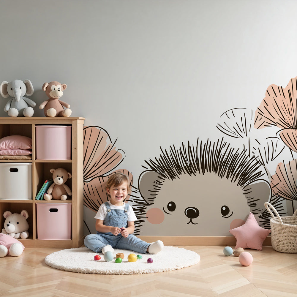 Hedgehog mural wallpaper with pink flowers decorating modern nursery room by Kids-Mundo