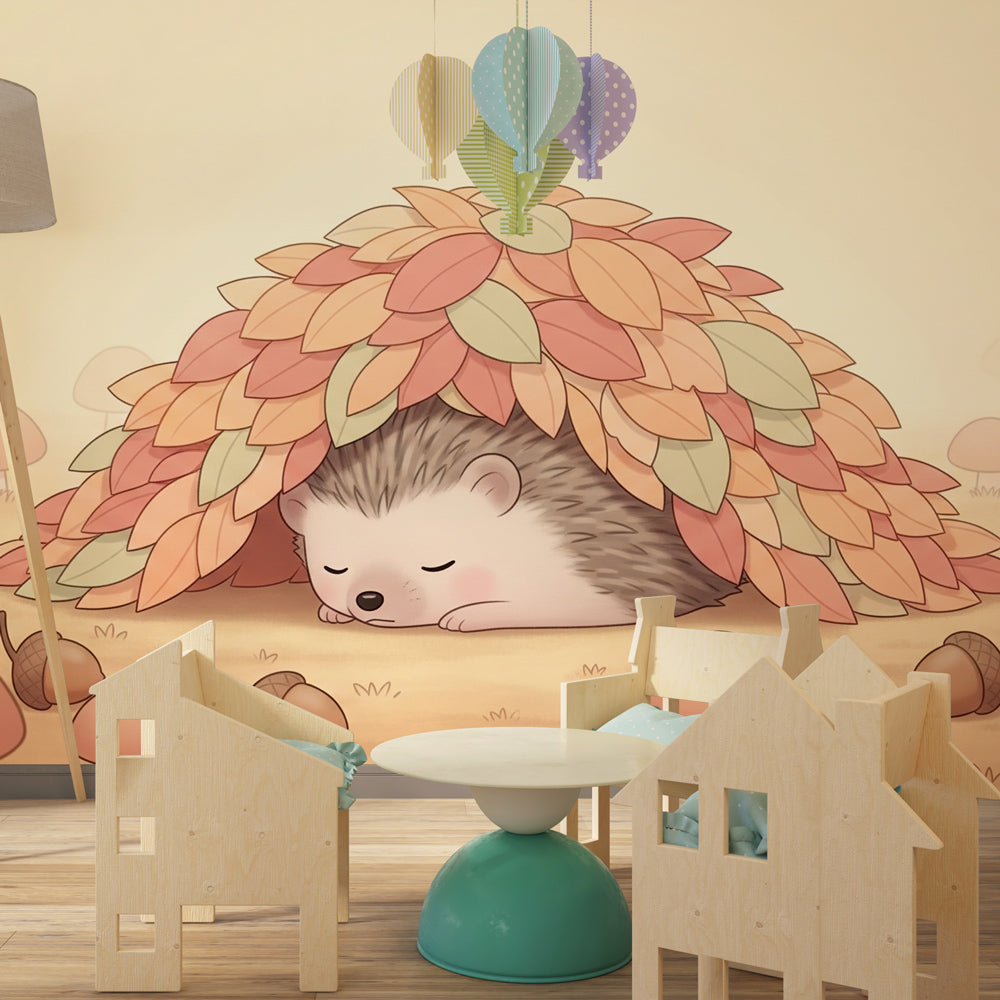 Woodland hedgehog mural wallpaper creating peaceful atmosphere in children's playroom by Kids-Mundo