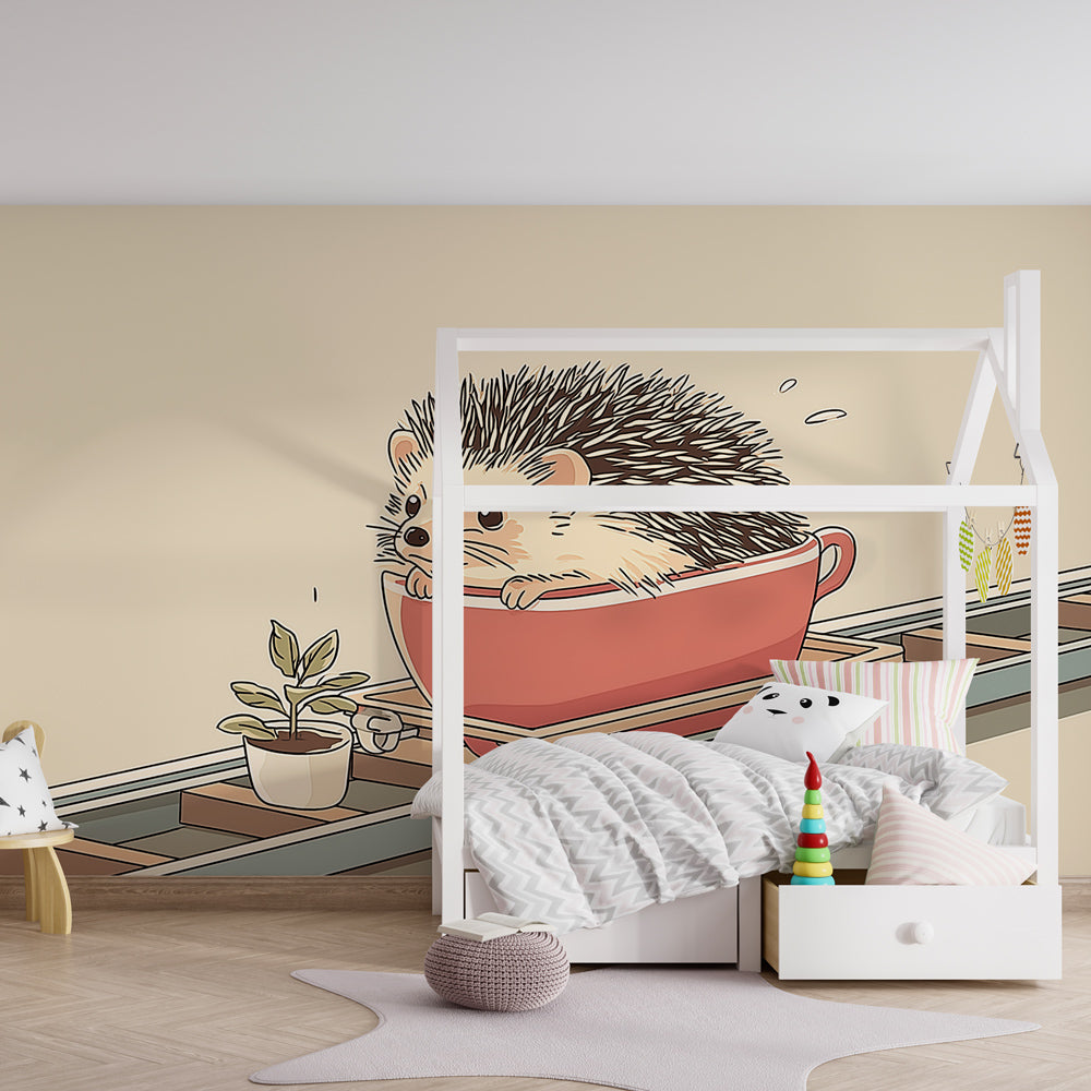 Whimsical hedgehog teacup mural wallpaper for modern kids playroom by Kids-Mundo
